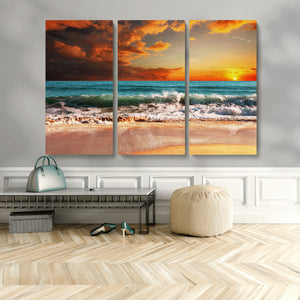 Golden Sunset Beach Canvas Wall Art – Triptych Seascape