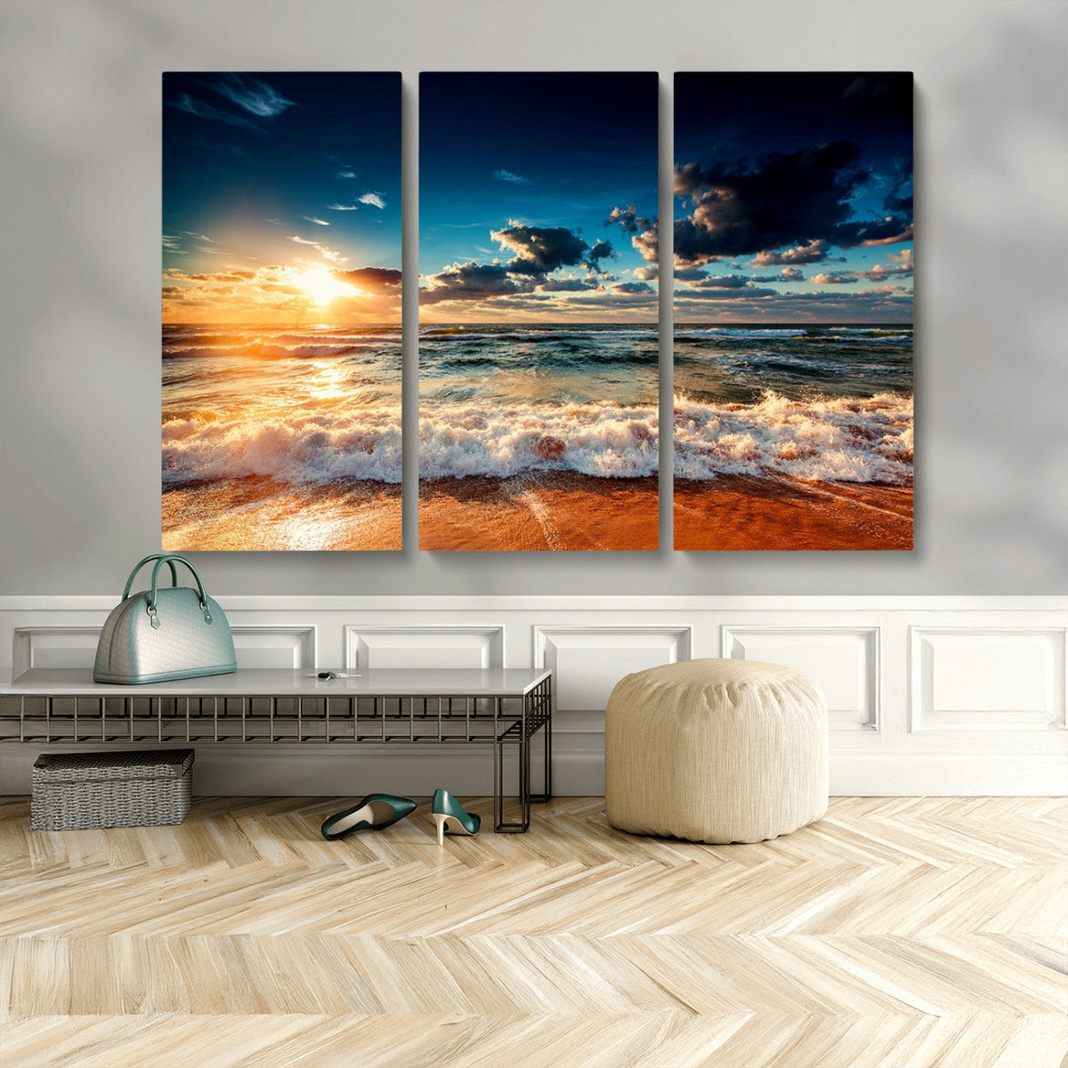 Golden Hour Sunset Over Ocean Waves Wall Art Canvas Print |