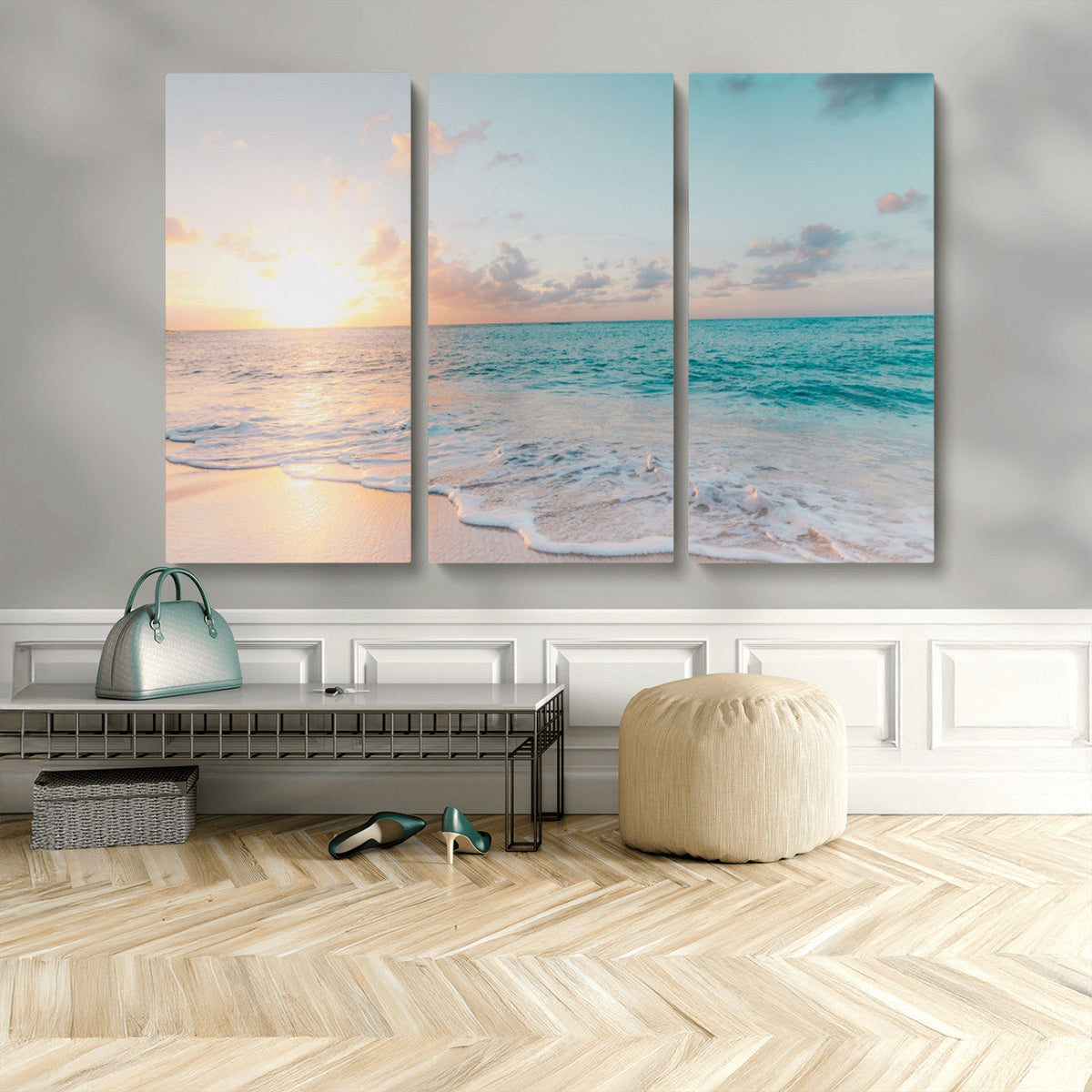 Tranquil Ocean Beach Sunset Canvas Wall Art | 3-Panel