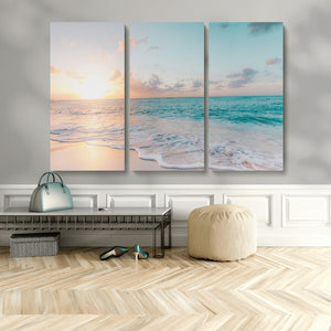 Tranquil Ocean Beach Sunset Canvas Wall Art | 3-Panel