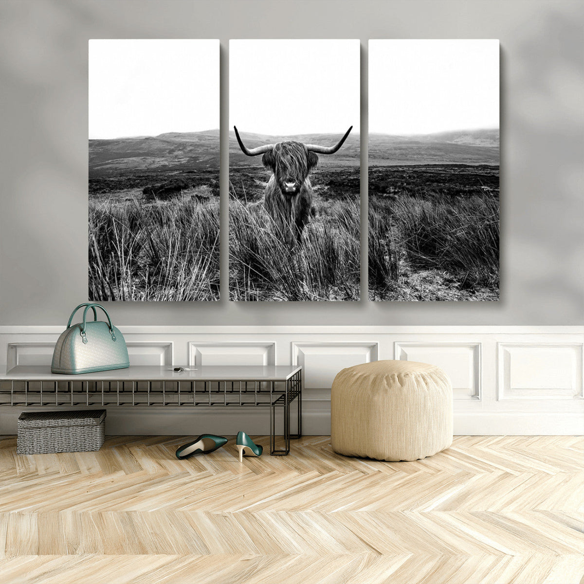 Black and White Highland Cow Canvas Wall Art, Longhorn