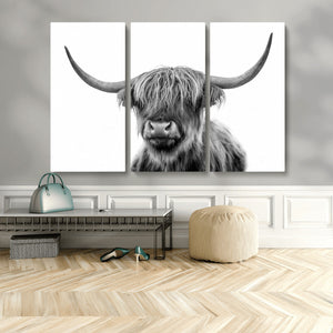 Grayscale Scottish Highland Cow Cattle Art Print Farmhouse