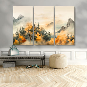 Abstract Watercolor Mountains and Trees Autumn Art,
