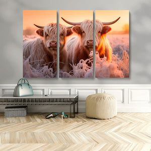 Highland Cows at Sunrise Wall Art Canvas Set – Serene and