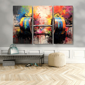 Weightlifting Barbell Art Triptych, Bold Abstract Fitness