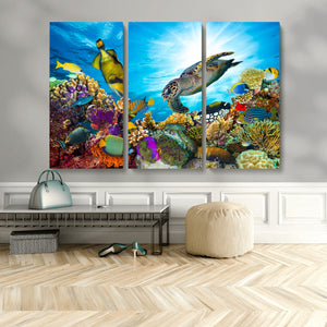 Colorful Coral Reef and Sea Life Turtle Canvas Print,
