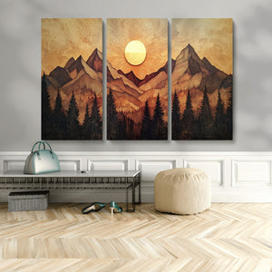 Wood Style Abstract Mountain Sunset Canvas Wall Art Print -
