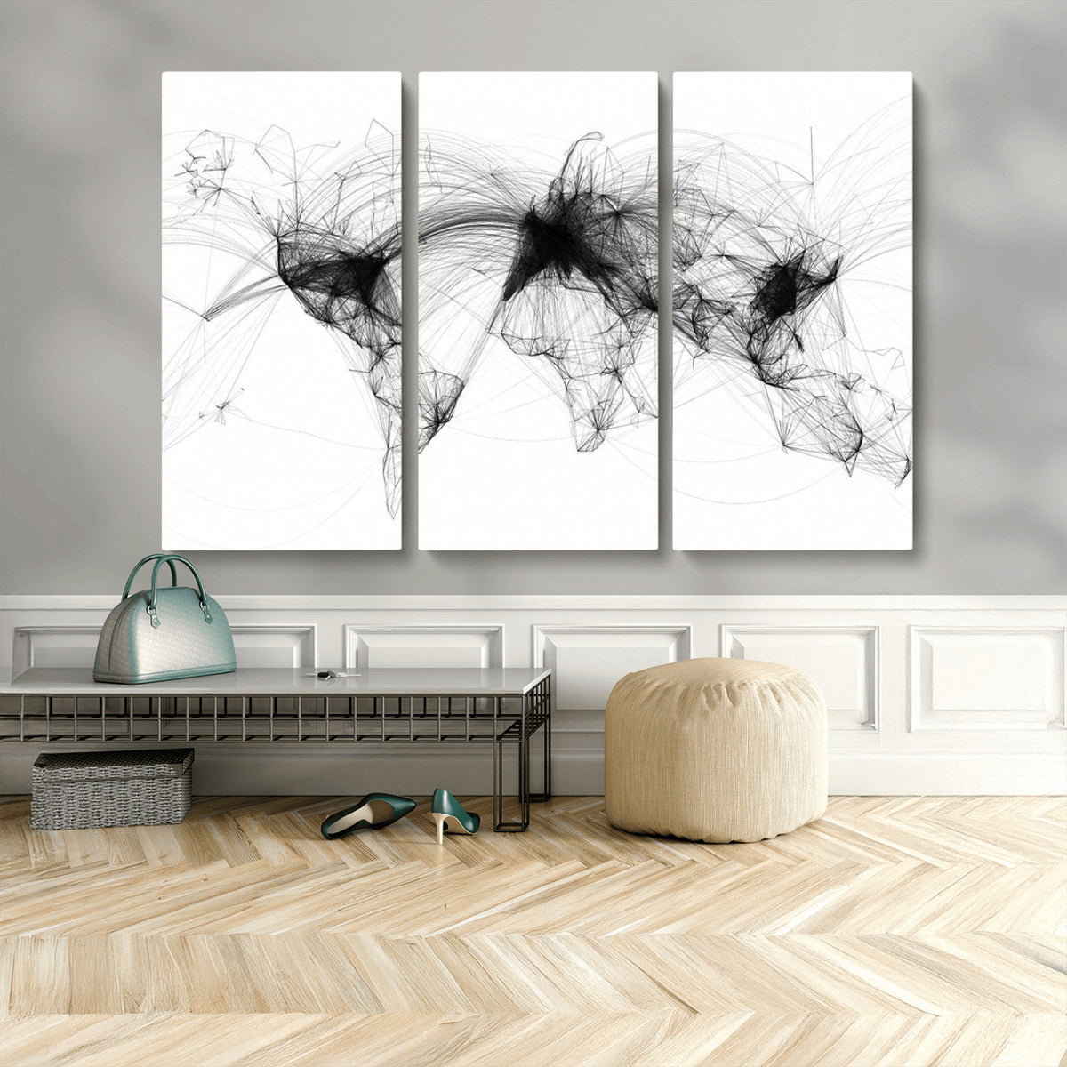 Abstract World Map Wall Art – Framed Geometric Line Canvas