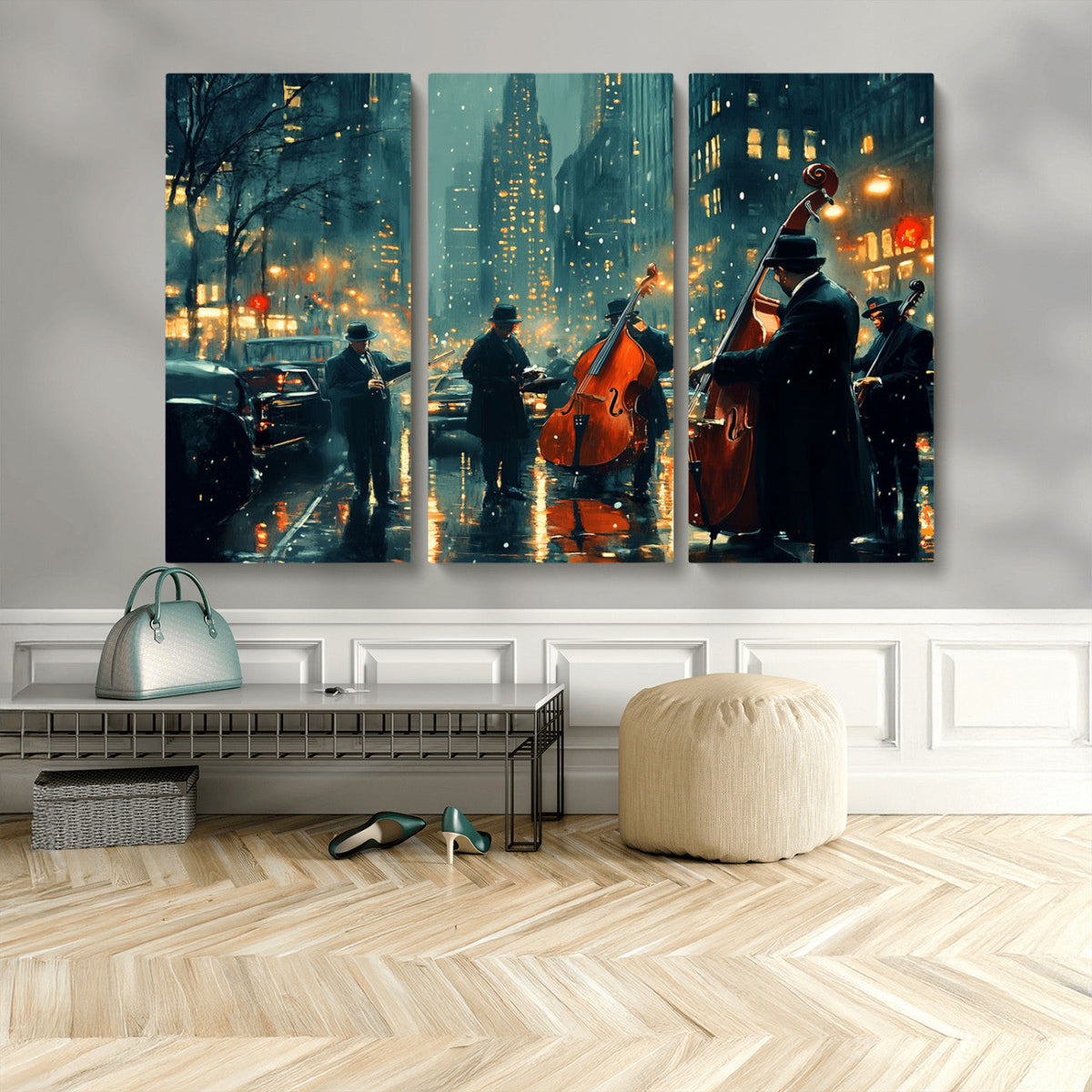 Urban Night Jazz Wall Art Canvas Print – Moody Rain-Soaked