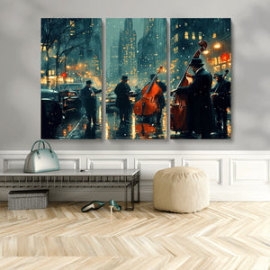 Urban Night Jazz Wall Art Canvas Print – Moody Rain-Soaked