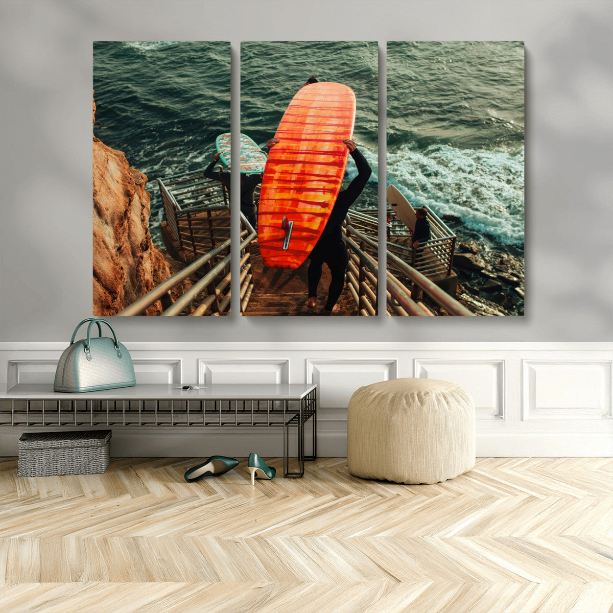 Surfer Stairway Wall Art – Framed Ocean Surf Canvas Artwork,
