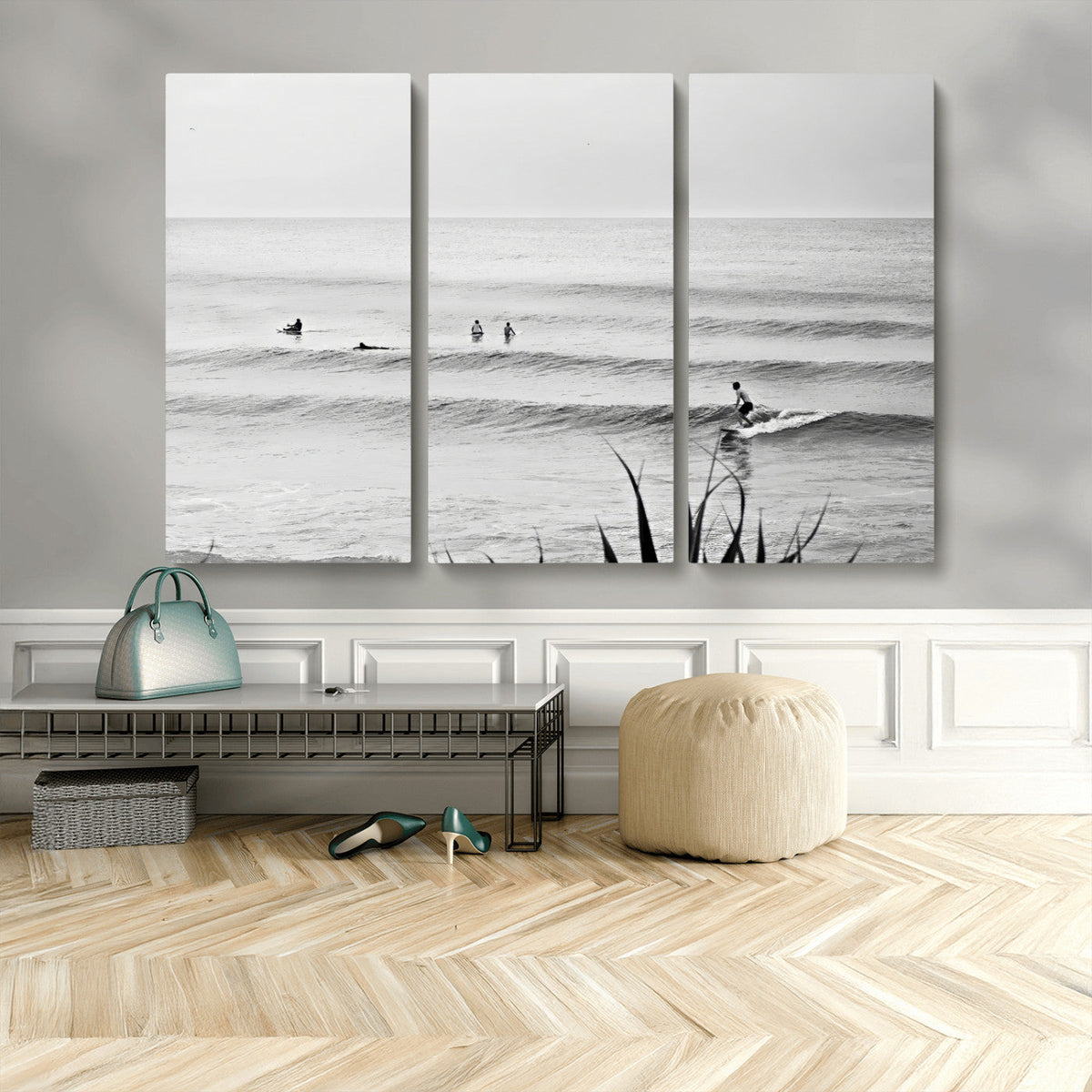 Surfer Silhouette Wall Art – Framed Calm Ocean Canvas