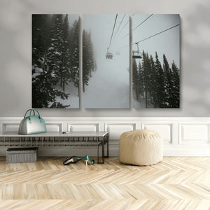 Ski Lift Wall Art Canvas Print – Snowy Pines Misty Landscape