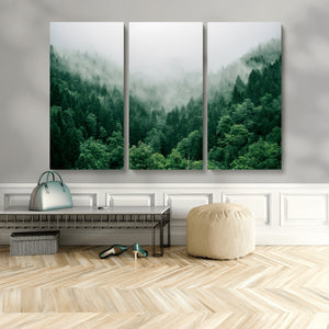 Misty Green Forest Canvas Print – Framed Serene Foggy Pine