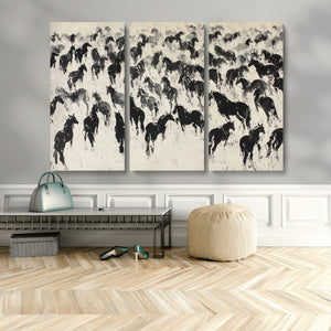 Wild Horse Stampede Wall Art Canvas Print – Monochrome