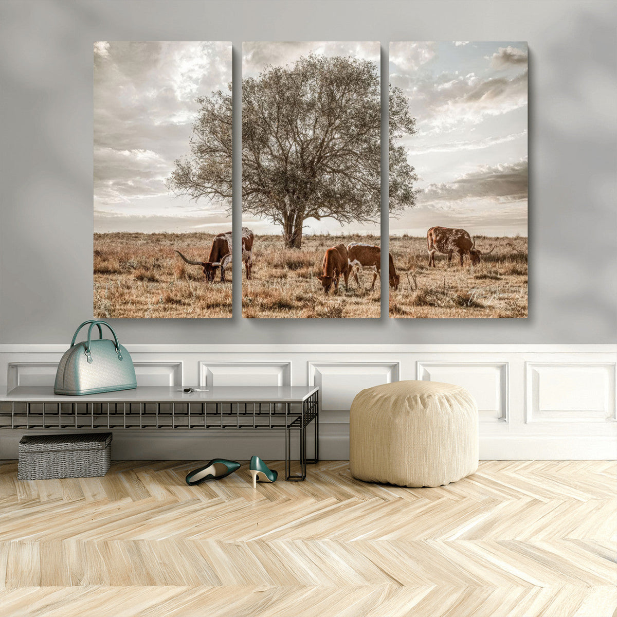 Texas Longhorn Cattle Wall Art, Rustic Western Ranch Canvas