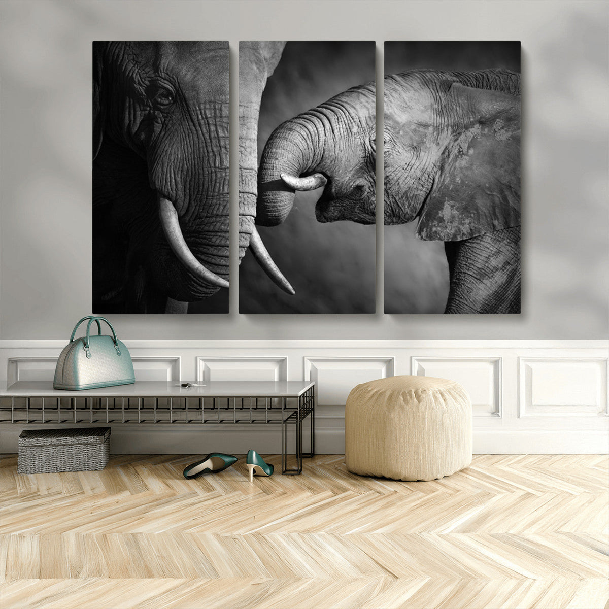 Elephant Family Wall Art Canvas, Framed Elephant Family