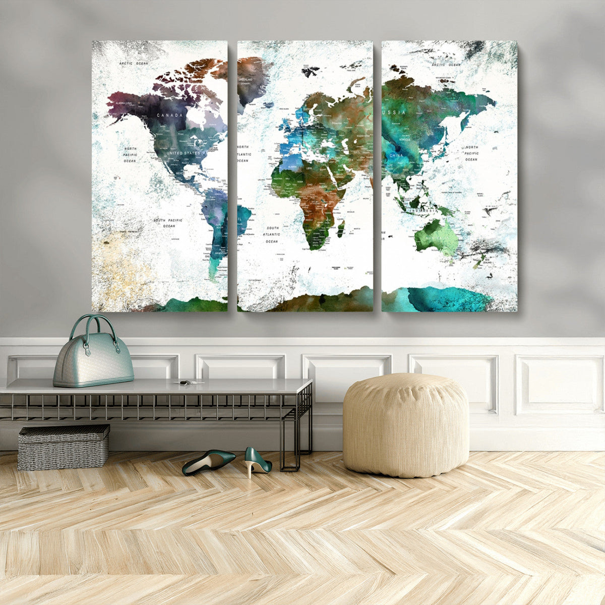 Modern Watercolor World Map Canvas Wall Art – Framed