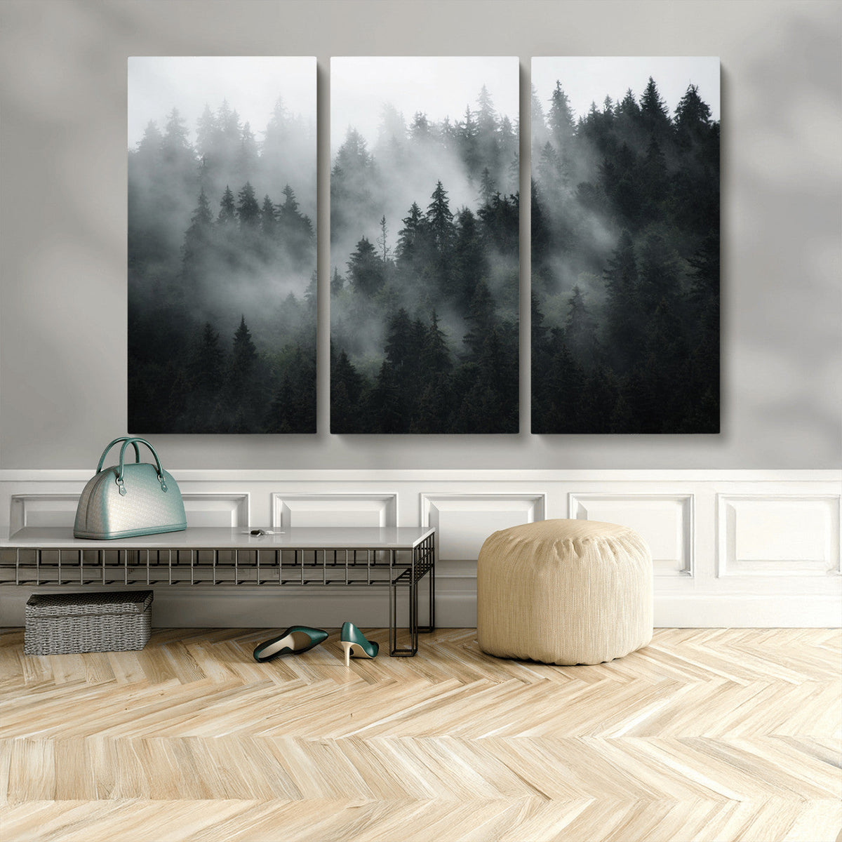 Foggy Forest Wall Art Canvas Print | 3 Panel Large Misty