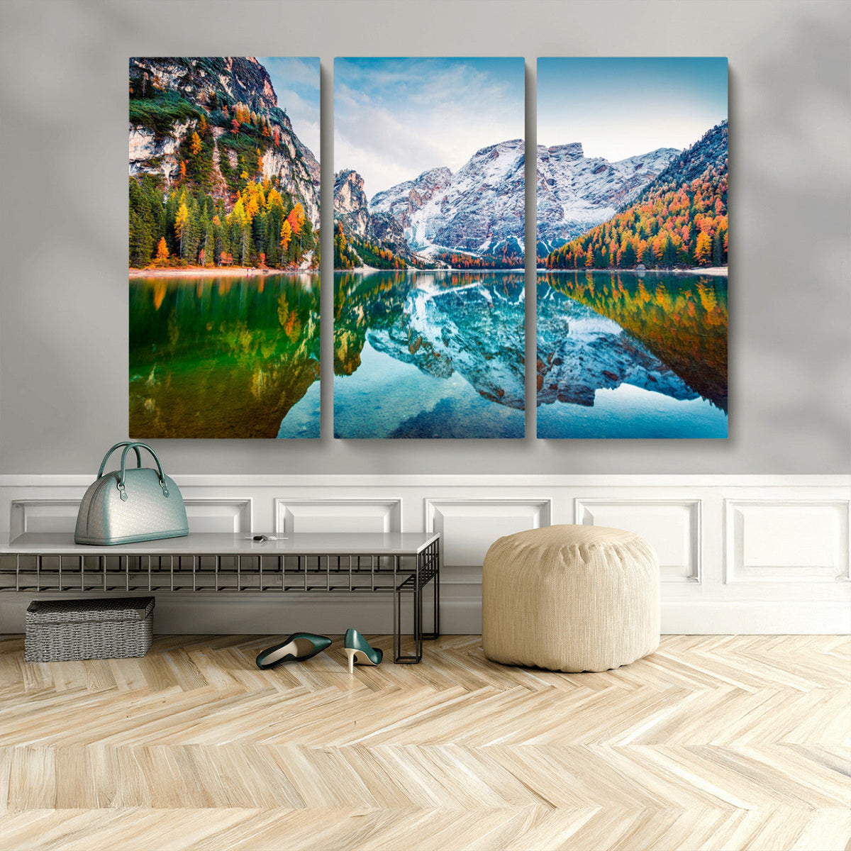 Spectacular autumn view of Braies Lake Wall Art Canvas Print