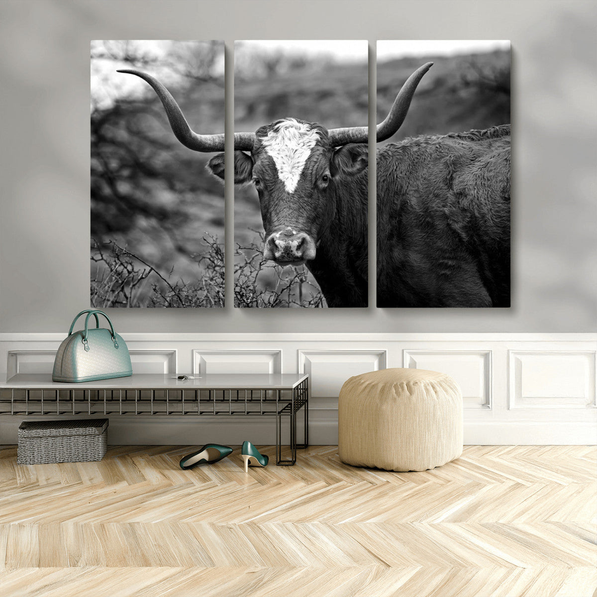 Western Home Wall Art Canvas Print, Framed Texas Longhorn
