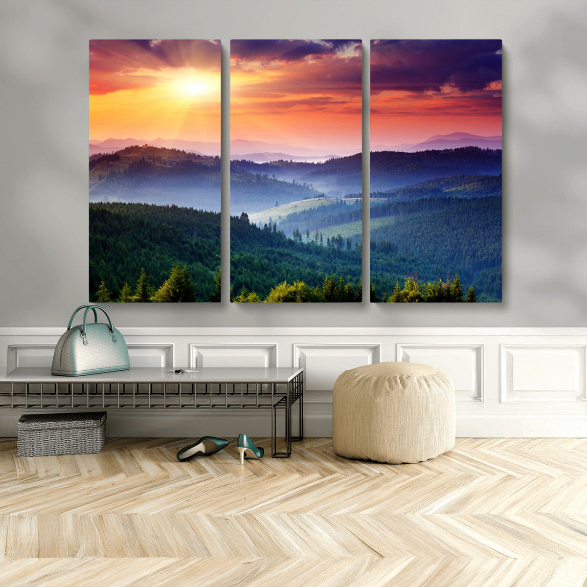 Beautiful Sunset over Hills Forest Landscape Canvas Wall Art