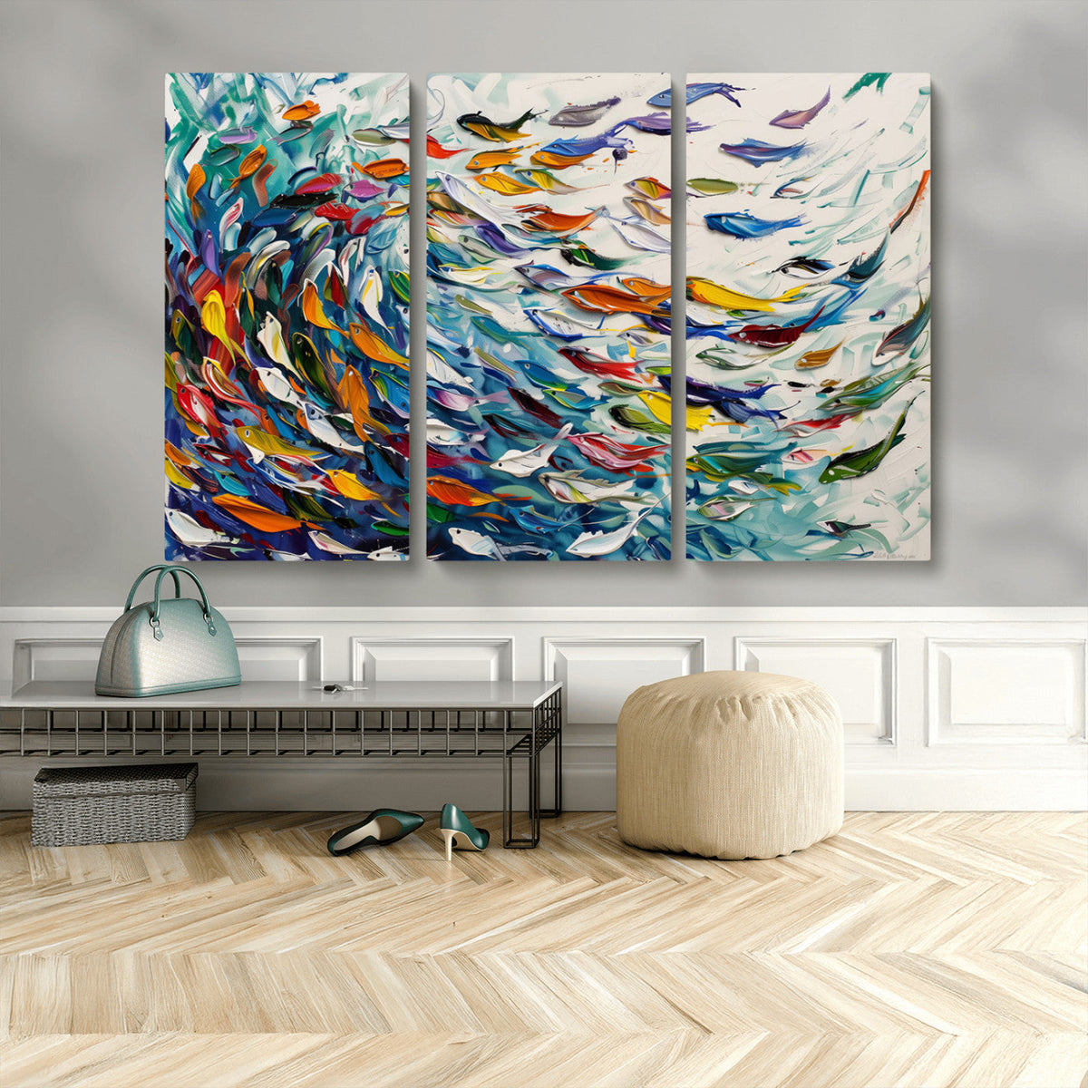 Modern Abstract Fish Shoal Wall Art Canvas Print, Colorful