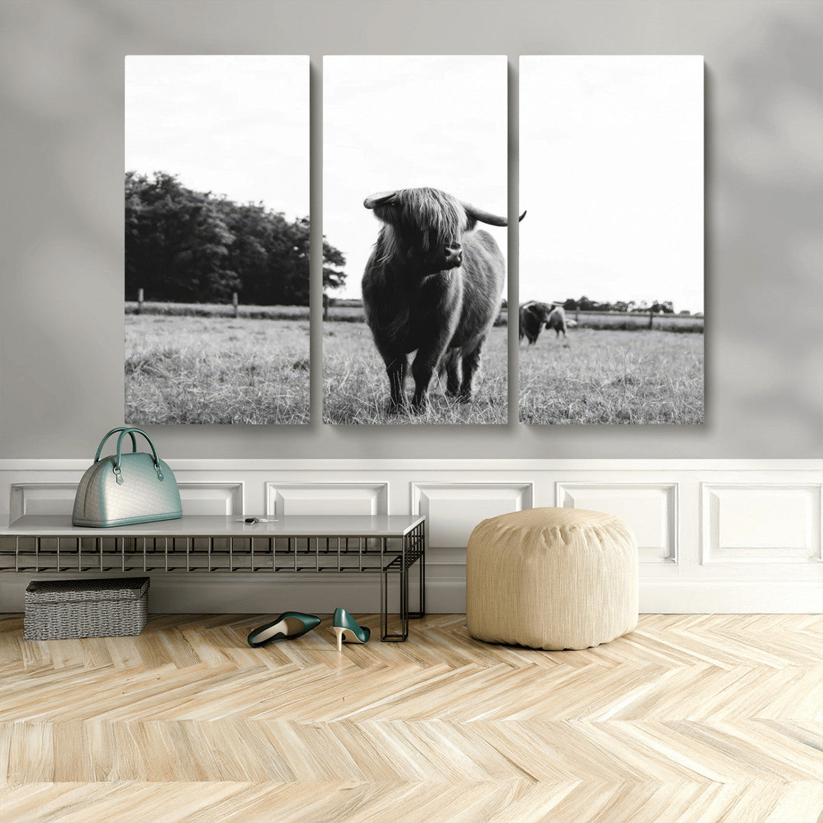 Black and White Highland Cow Wall Art Canvas Print | Rustic