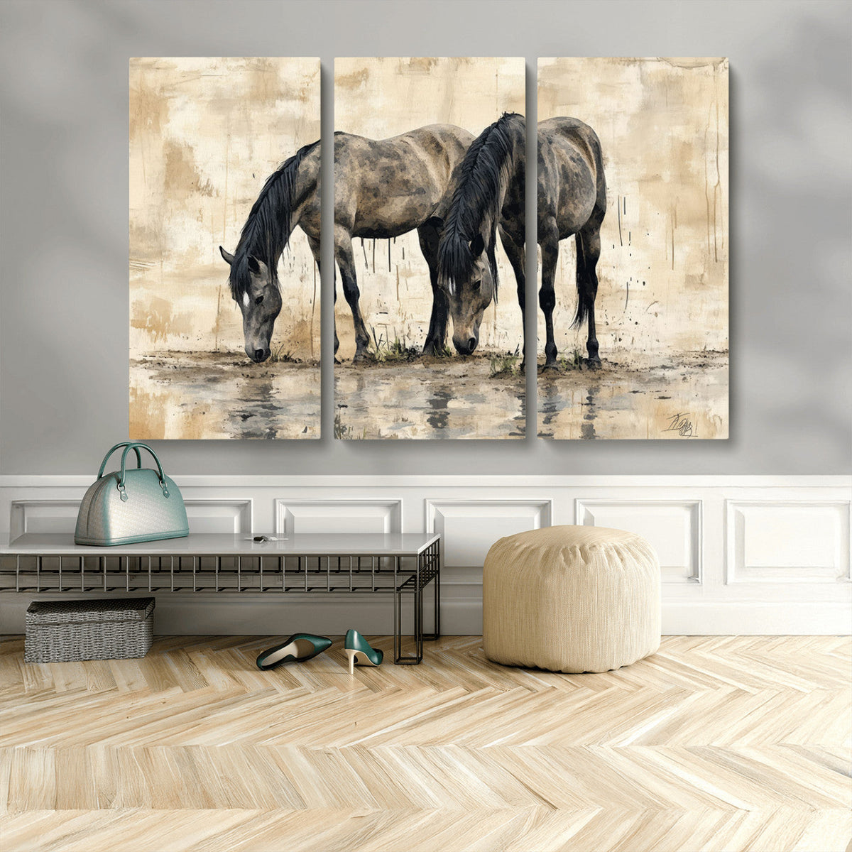 Chinese Style Abstract Black Horses Wall Art Canvas Print -