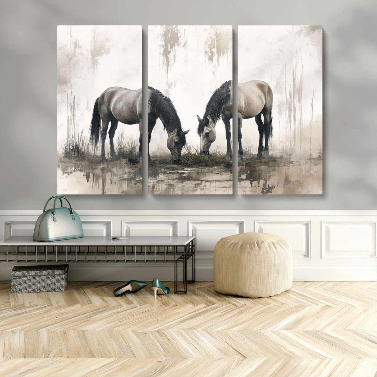 Chines Ink Style Vintage Horses Wall Art Canvas Print for