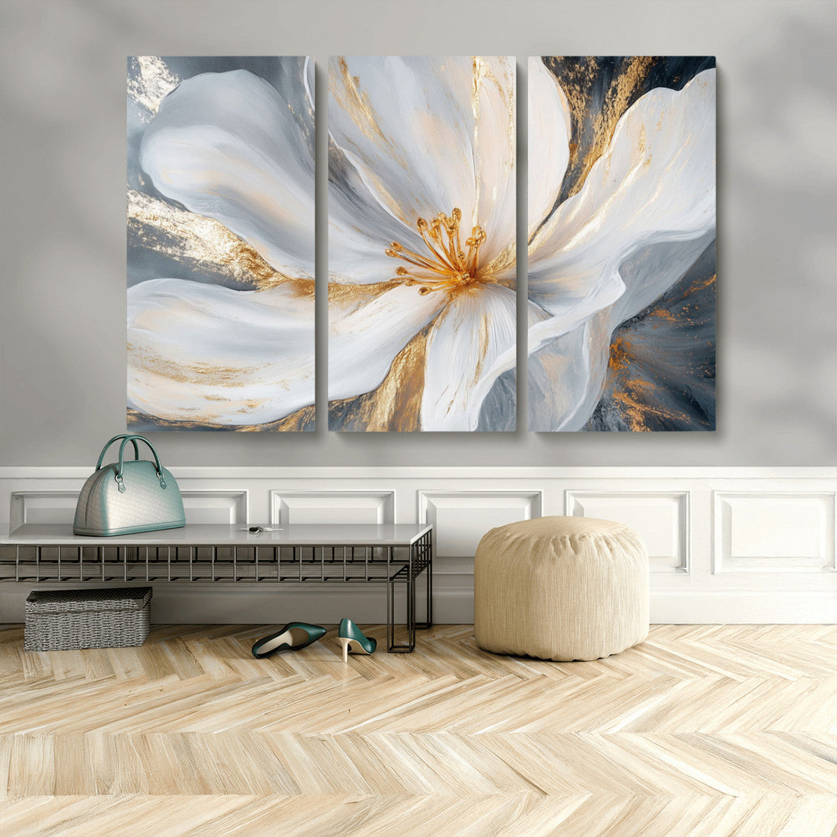White and Gold Floral Canvas Wall Art - Framed and Ready to