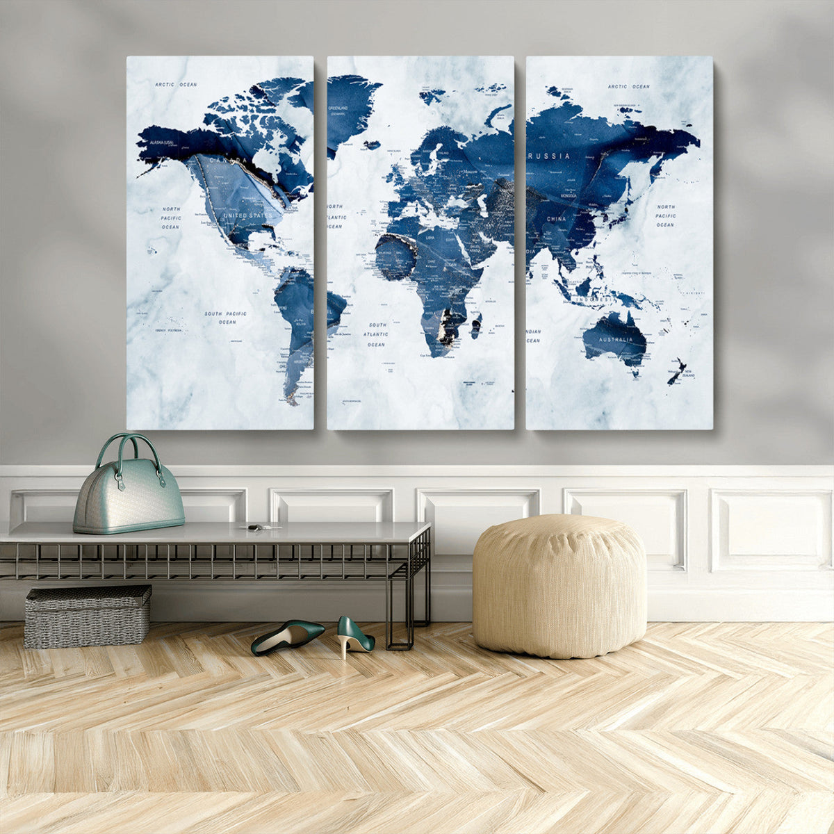 Modern Blue World Map Canvas Print – Framed Wall Art,