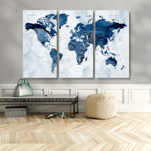 Modern Blue World Map Canvas Print – Framed Wall Art,