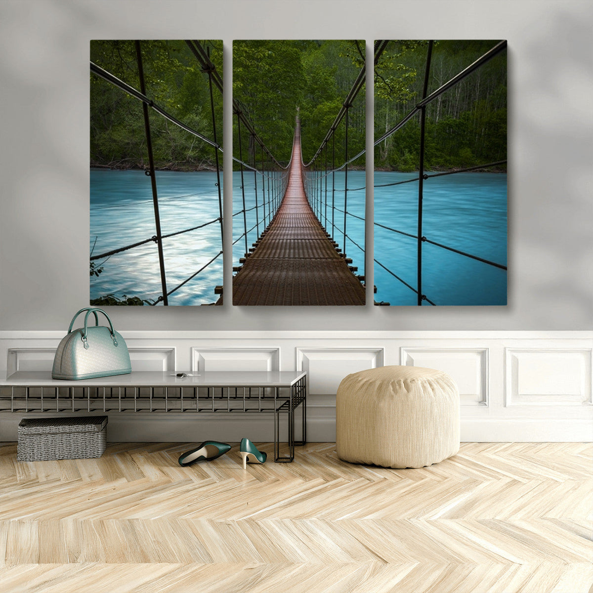 Suspension Bridge Over River Canvas Art | 3-Panel Nature