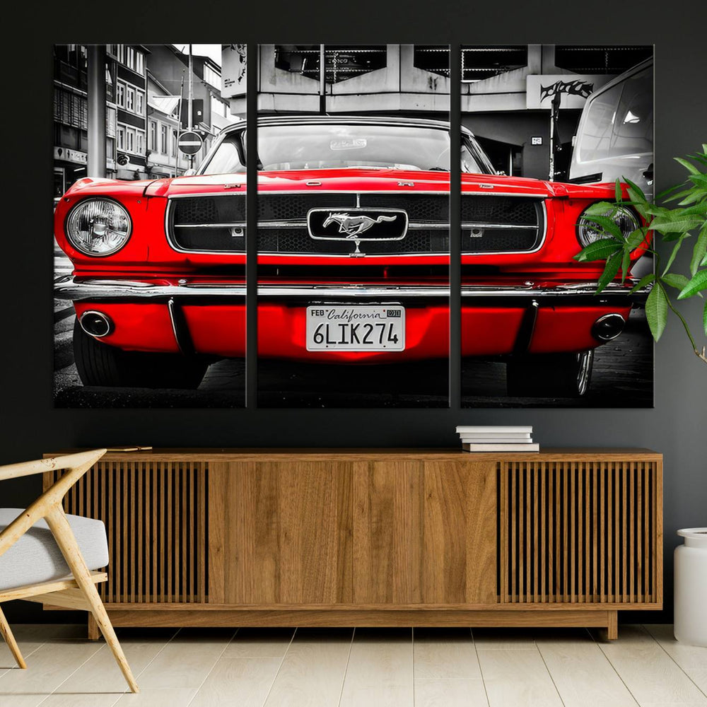 Red Mustang Car Wall Art – Framed Classic Vehicle Canvas