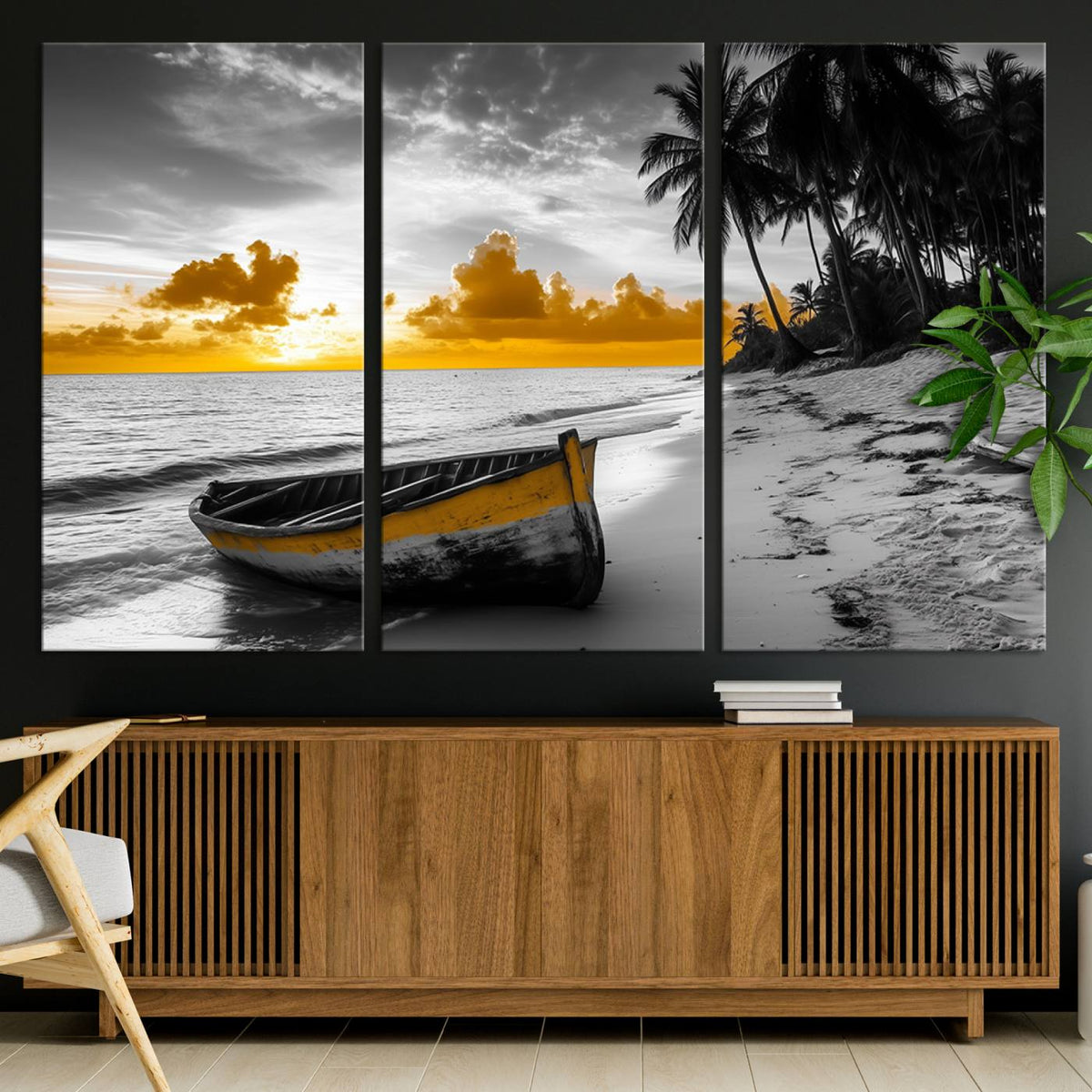Yellow Rowboat Wall Art – Framed Tropical Shoreline Canvas