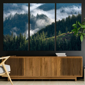 Misty Forest Wall Art Canvas Print, Serene Pine Hills and