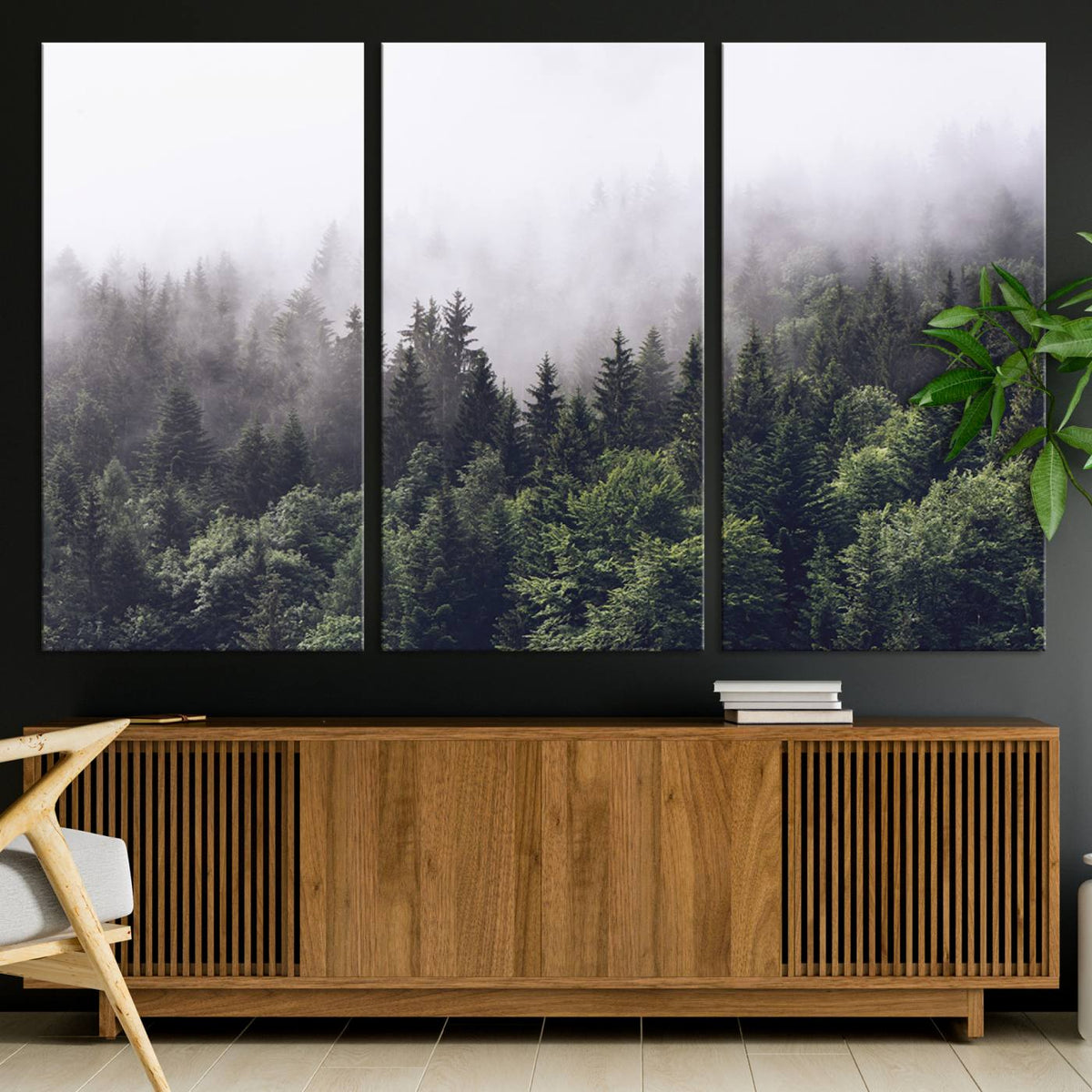 Misty Forest Wall Art Canvas Print, Serene Foggy Pines and