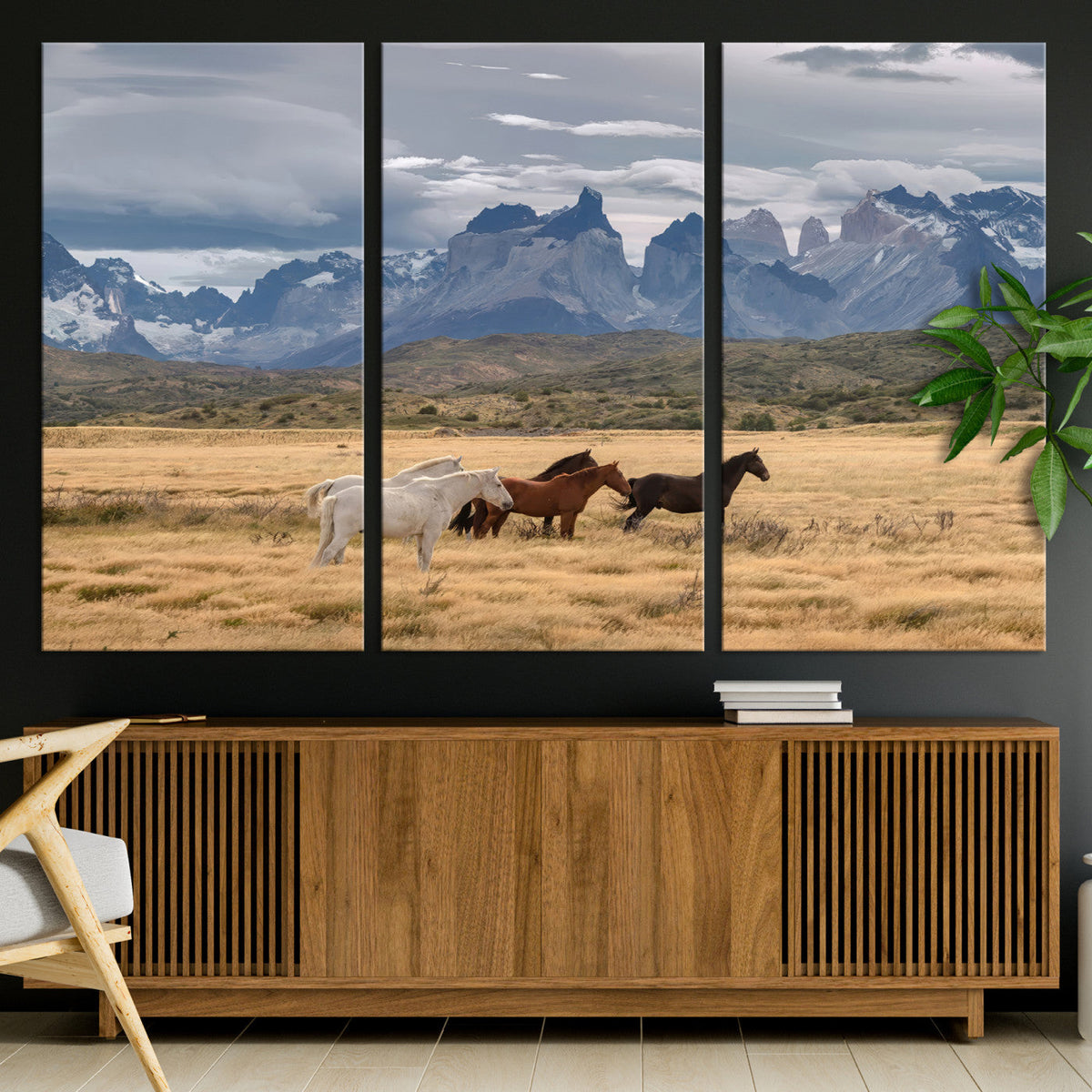 Grand Teton Park Wild Horses Wall Art Canvas Print – Framed