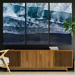 Black Beach Wall Art Canvas Print – Framed Aerial Ocean View