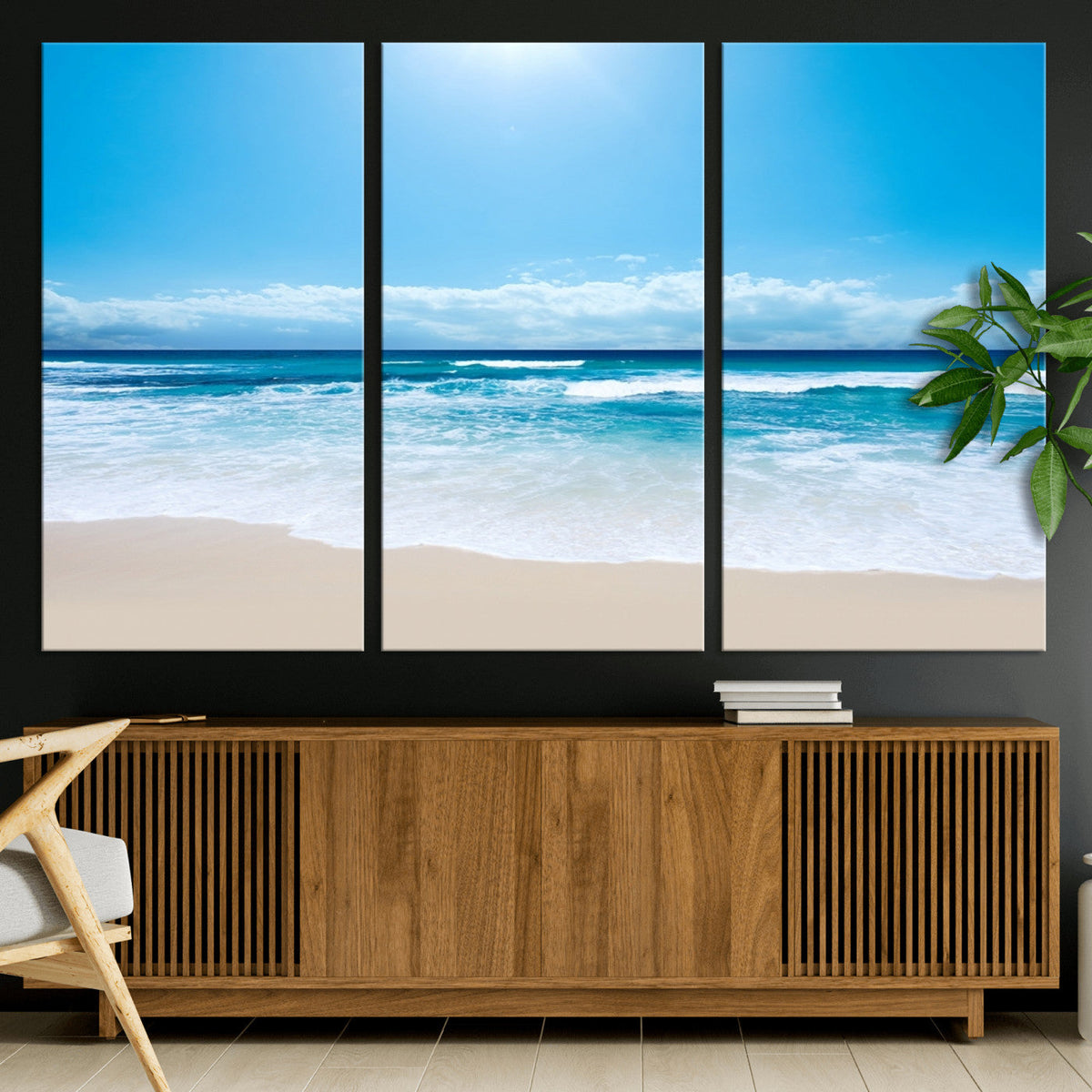 Wall Art Canvas Print Shiny Blue Sea and Beach