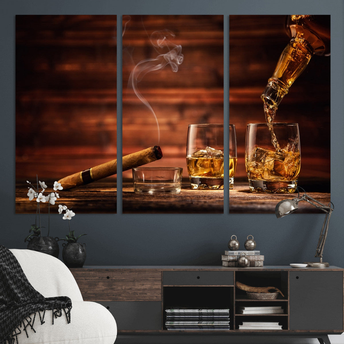 Whiskey and Cigar Wall Art Canvas | 3 Panel Bar Room Decor