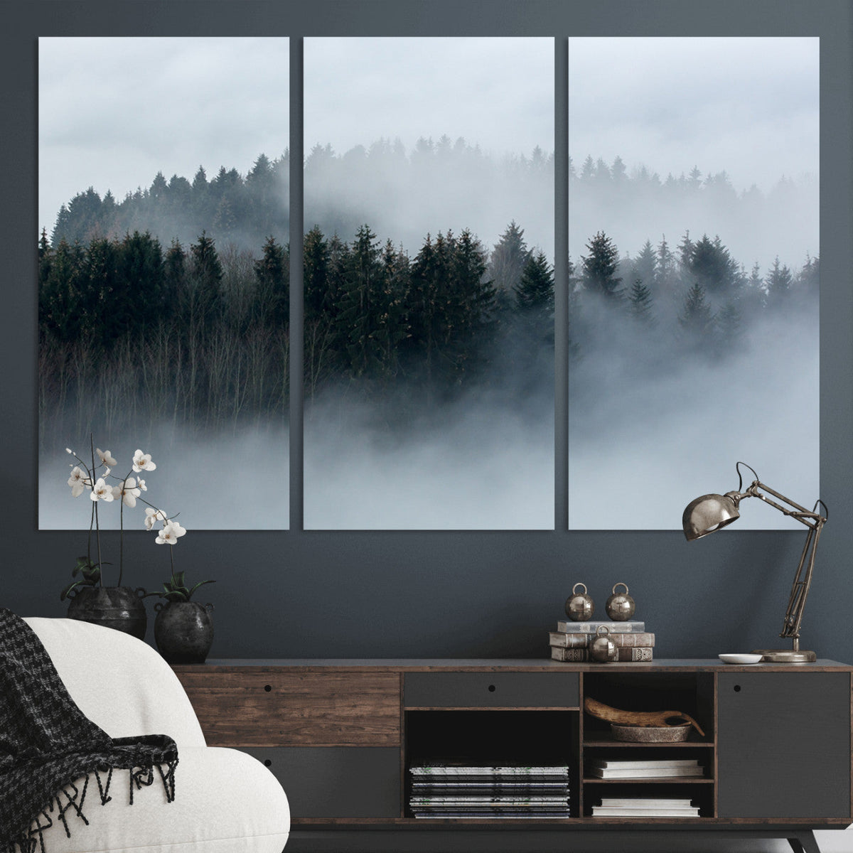 Autumn and Misty Trees in the Forest Wall Art Canvas Print,