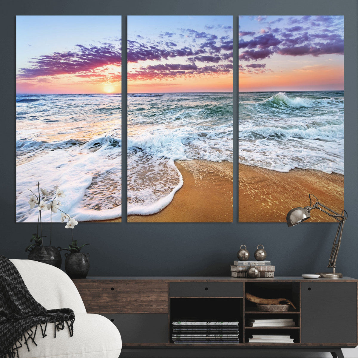Coastal Sunset Art Beach Canvas Wall Art Print | Ocean Waves