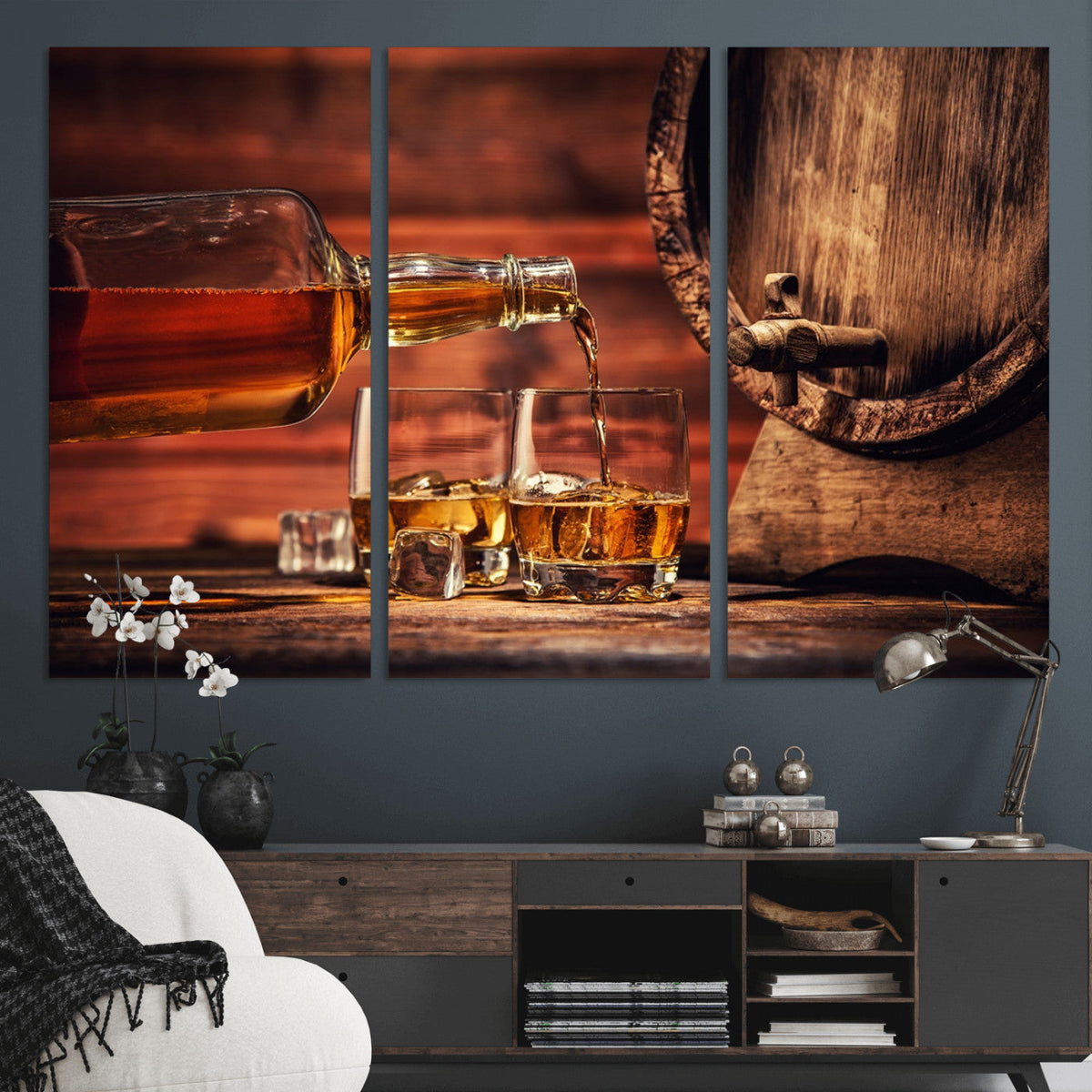Whiskey and Cigar Canvas Wall Art | 3 Panel Bar Room Decor