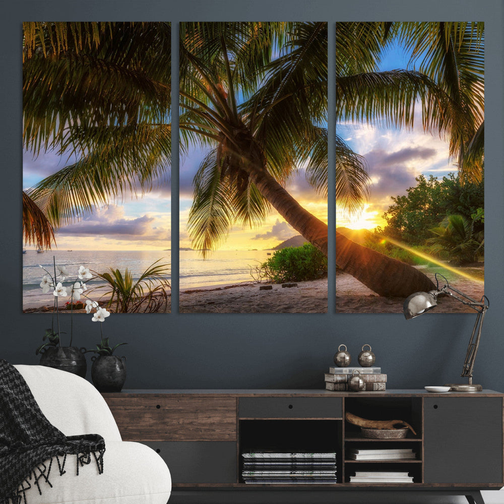 Tropical Island Sunset on the Beach Palms Wall Art Canvas