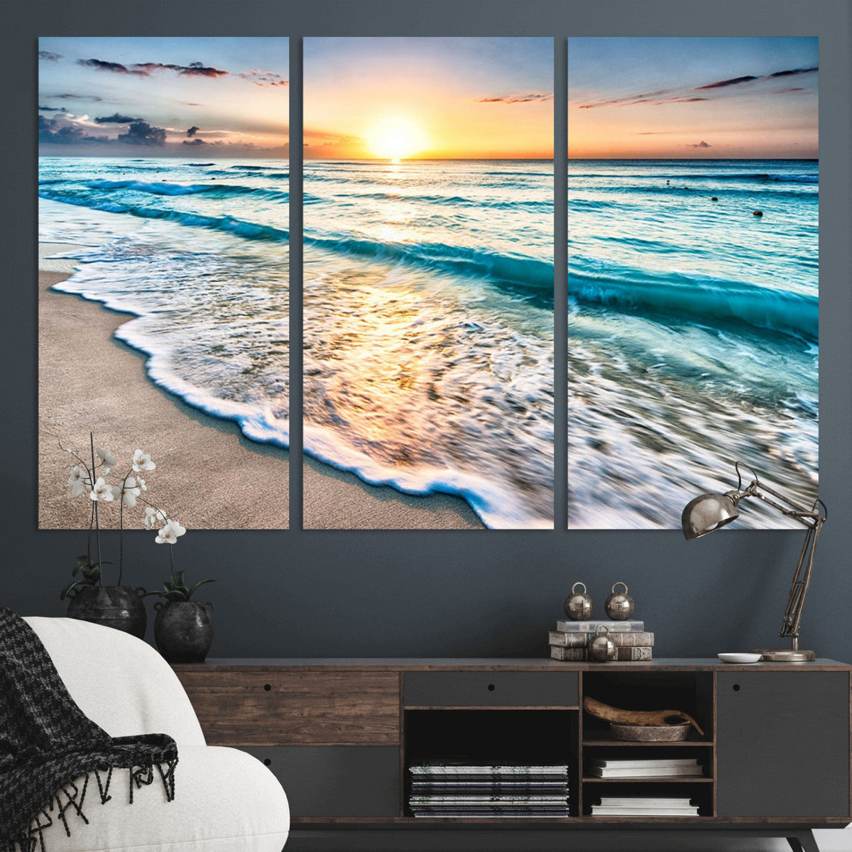 Sunset Beach Waves Canvas Wall Art – 5-Panel Ocean Sunset