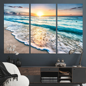 Sunset Beach Waves Canvas Wall Art – 5-Panel Ocean Sunset