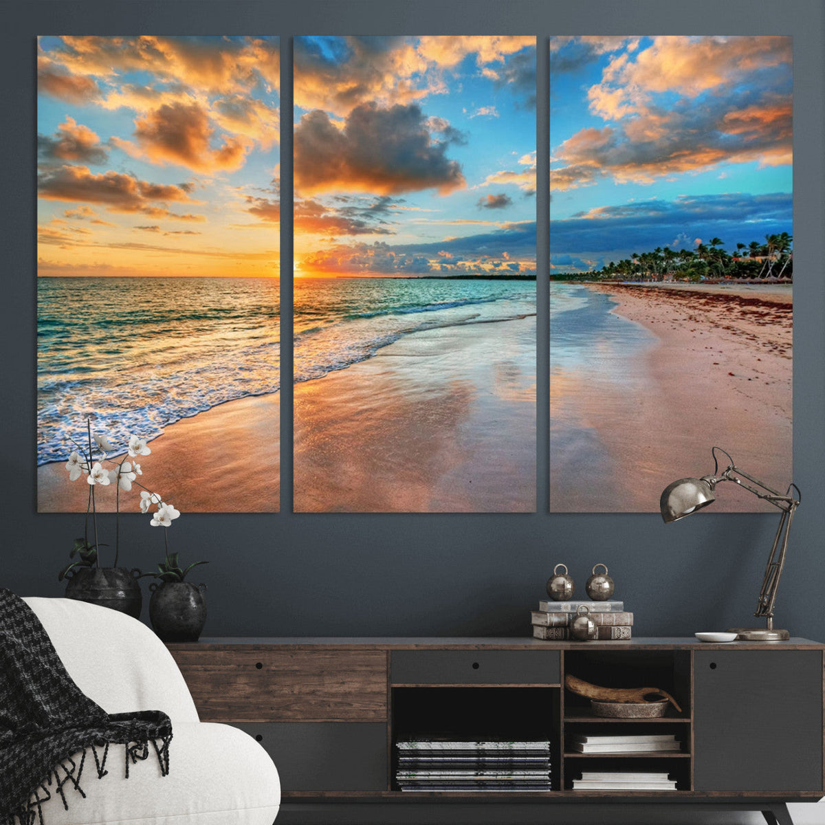Sunset Ocean Waves on Tropical Beach, 3-Panel Giclee Canvas