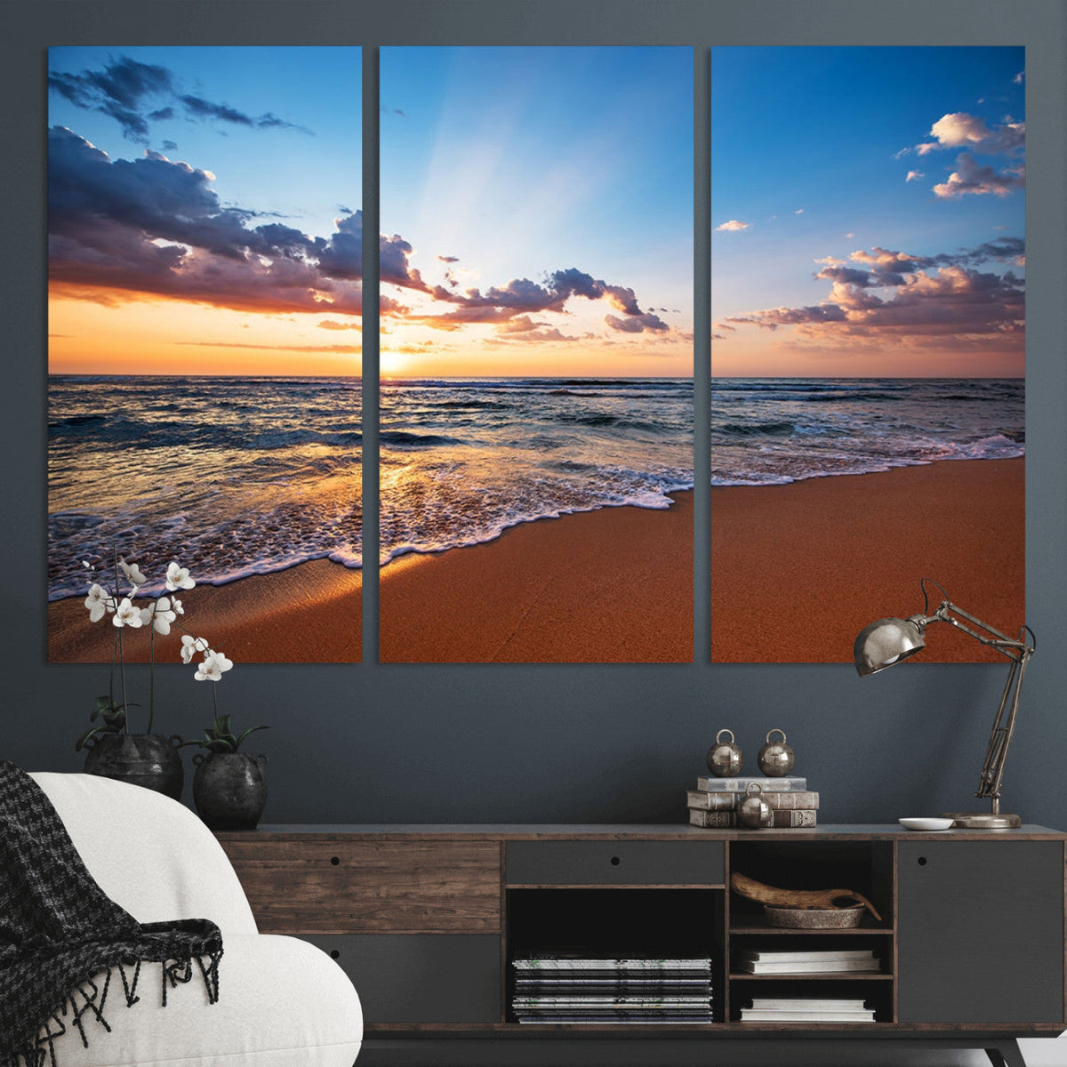 Serene Ocean Sunset Canvas Print, Golden Hour Beach Wall
